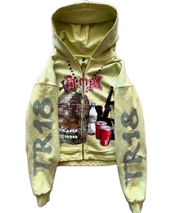 Drop Shoulder Vintage Rhinestones Washed DTG Print Logo Hoodie Streetwear 100% Cotton 500gsm Boxy Cropped Hoodies for Men - Product Image 2