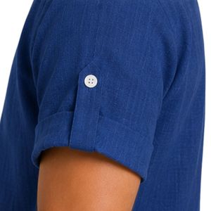 Camisa Henley de Lino para Hombre, Cuello Mao, Azul Rey, Manga Corta, Casual, Verano, Transpirable, Cierre de Botones, Personalizable OEM - Product Image 3