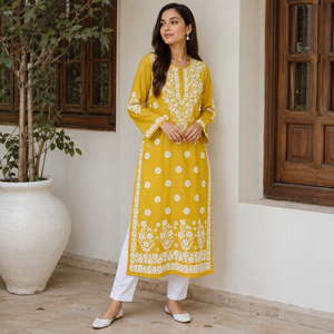 Kurti droit en coton brodé à la main Chikankari jaune moutarde exclusif pour femme avec col en tissu ethnique à motifs floraux - Product Image 1