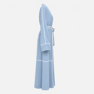 New ODM Customized Women Modest Polyester Open Front Matching <b>Belt</b> Piping Soft Comfortable Fabric V Neck Long Sleeve Quick Dry - Product Image 3