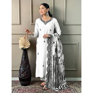 Blanco Modesto Estilo Romano Seda Secuencia Bordado Trabajo Modesto Vestido de Noche Dupatta Atractivo Lentejuelas Decoración Parte Superior Inferior - Product Image 1