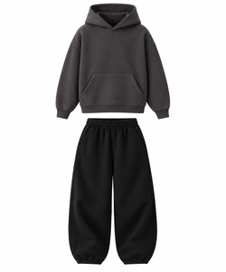 Conjunto de Sudadera con Capucha Oversize Unisex, Color Sólido, Felpa, Estilo Casual Otoñal, Negro y Gris Oscuro, Conjunto Combinado - Product Image 1