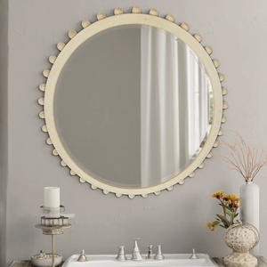 Unique Round Wood & Bone Inlay <b>Framed</b> Glass Wall <b>Mirror</b> with Beads Handcrafted Contemporary Decorative Wall Art REHMAN CRAFT - Product Image 4