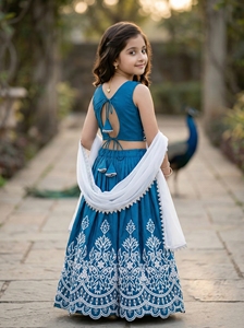 Shoryam Fashion Girls Teal Embroidered Lehenga Choli Kids Traditional Ethnic Wear Crop <b>Top</b> Skirt <b>Festive</b> Wedding Party Dress Set - Product Image 3