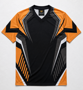 Maillot de football pour homme PURAT LEATHERS, noir et orange, col en V, manches courtes, imprimé par sublimation, polyester respirant - Product Image 1