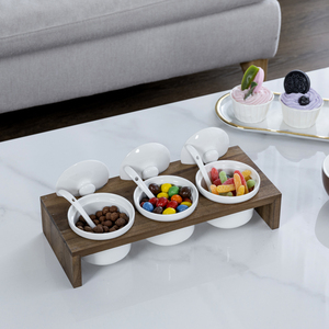 Mygift ชุดเครื่องปรุงไม้อะคาเซียแบบชนบทถาดเสิร์ฟ10-Pc 3ชามเซรามิกฝาและช้อน - Product Image 3