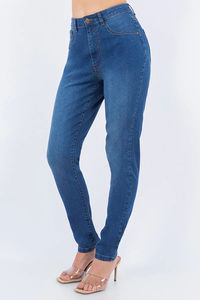 Pantalones vaqueros de mezclilla cómodos y elegantes para mujer, de cintura alta, ajustados, azules, de cinco bolsillos y largo completo. - Product Image 3