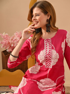 Conjunto de Kurta Rosa de Algodón con Estampado Digital hasta la Rodilla para Mujer, Estilo Casual de India y Pakistán, Corte Holgado, Sin Arrugas, Estilo Veraniego - Product Image 3