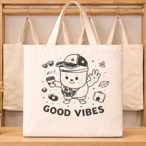 Sac fourre-tout en toile de coton 300 g/m² avec longues poignées, écologique, réutilisable, pour le shopping, impression personnalisée Good Vibes, vente en gros - Product Image 3