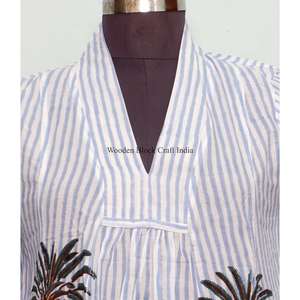 Robe longue bohème imprimée palmiers, écologique, faite main en coton, col en V, style hippie, grande taille, taille naturelle, respirante pour femme - Product Image 3