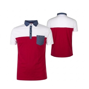 Polo homme tricoté sur mesure, respirant, color block, coupe décontractée pour le golf, blanc et rouge avec poche en jean bleu. - Product Image 1