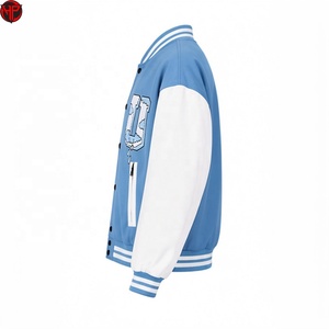 เสื้อแจ็คเก็ต Letterman สีน้ำเงินขาวสำหรับผู้ชาย ทรงเบสบอล คอวี มีซิปและกระเป๋าเสื้อ สำหรับใส่ลำลอง เสื้อแจ็คเก็ต Varsity สำหรับผู้ชาย - Product Image 5