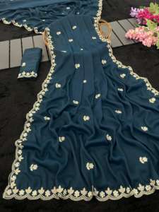 Magnifique sari indien en georgette étoilée avec broderies et travail manuel pour tenue de mariage et de soirée pour femmes, vêtements de cérémonie - Product Image 2