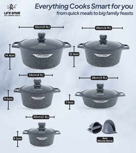 Ensemble de casseroles en granit antiadhésif de qualité supérieure, 10 pièces, avec couvercles à bord en silicone, base compatible induction et gants en silicone inclus - Product Image 2