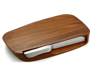 Wooden <b>Bread</b> Board with Stainless Steel <b>Knife</b> Storage Slot Rectangle Serving Platter for Cheese Fruit and Snacks Minimalist - Product Image 4