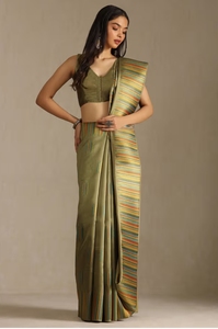 Sari de Tussar Tejido con Diseño de Olivas para Mujer KV con Blusa sin Coser - Product Image 3