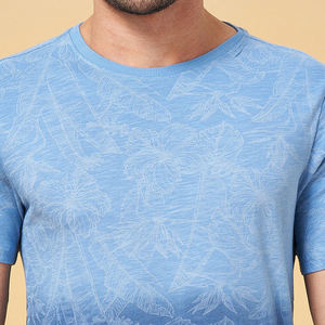 T-shirt à manches courtes pour homme, col rond, coupe classique, motif floral, dégradé bleu, coton tricoté, décontracté, respirant - Product Image 4