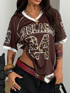 Maillot de football américain surdimensionné en maille imprimé léopard Y2K pour femme, streetwear marron avec numéro graphique, personnalisable OEM en gros - Product Image 3