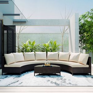 Set per tutte le stagioni di mobili da giardino in vimini marrone PE Rattan divano componibile da esterno in 5 pezzi con Design a mezza luna da tavolo in vetro temperato - Product Image 1