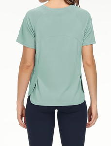 T-shirt de sport sans couture pour femme, léger, respirant, à manches courtes, pour yoga et athlétisme, avec fentes latérales, haut de fitness, vente en gros OEM ODM - Product Image 5