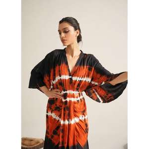 <b>Womens</b> Tie Dye Kimono Style Midi Dress V Neck Loose Fit Kaftan Dress <b>For</b> <b>Resort</b> Summer <b>Wear</b> - Product Image 2