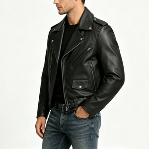 Custom Logo Embroidered Vintage Men Black Genuine Cowhide <b>Leather</b> Motorcycle <b>Jacket</b> Classic <b>Retro</b> Durable Asymmetrical Belt - Product Image 2