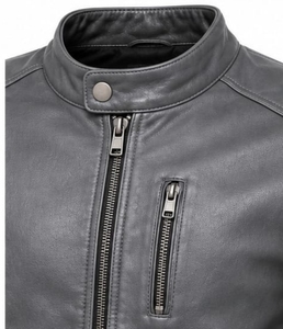 <b>Men's</b> Black Genuine <b>Leather</b> Moto <b>Jacket</b> Stand Collar Zipper Closure Slim Fit Regular Sleeve Solid Color Autumn Wear - Product Image 2