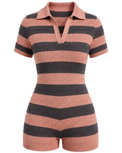 Mono de punto a rayas rosa rubor y carbón para mujer, manga corta, cuello polo, informal de verano, de una pieza, ajustado, personalizado - Product Image 2