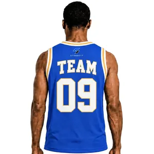 Maillot de basket-ball bleu pour homme, col en V, sans manches, impression sublimée, nom et numéro personnalisés 09, maille respirante, coupe régulière, 100% polyester - Product Image 2