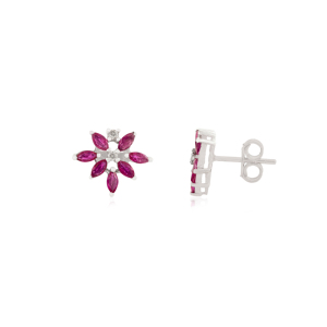 925 Sterling <b>Silver</b> Natural Ruby & Diamond Floral Motif Classy <b>Stud</b> <b>Earrings</b> For Women July Birthstone Gift - Product Image 3