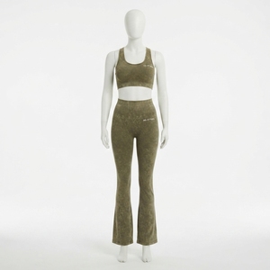 <b>Women</b> Olive Green Acid Wash Yoga Set Sports Bra High Waist <b>Flare</b> <b>Leggings</b> Gym Fitness Workout Activewear - Product Image 1