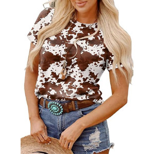 Camiseta de manga corta con estampado de vaca y cinturón de color caramelo, cuello redondo, ajuste holgado, informal, top de verano para mujer, tejido transpirable de poliéster - Product Image 6