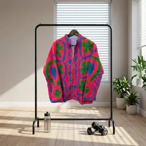 Silkgram <b>Women</b> Suzani Stand Collar Floral <b>Embroidered</b> Knitted 100% Cotton Windproof Breathable Winter Long Sleeve <b>Jacket</b> - Product Image 2
