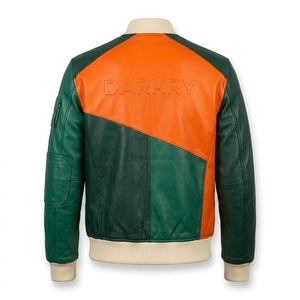 เสื้อแจ็คเก็ตหนังแท้สีเขียวเข้มส้มสำหรับผู้ชาย แบบ Varsity  ตกแต่งสีตัดกัน  แบบ Bomber  ติดกระดุมหน้า  งานถักแบบ Rib Knit  เสื้อคลุมสไตล์ Urban  แบบสั่งทำพิเศษ - Product Image 2