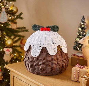 Festive Christmas Pudding Shaped Seagrass Storage <b>Basket</b> Cute Holiday <b>Gift</b> <b>Basket</b> Handwoven Xmas Decor Bin with Holly Lid - Product Image 4
