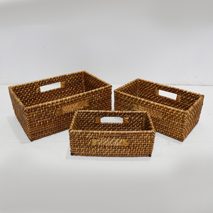 Eco Friendly Brown Rattan <b>Shelf</b> <b>Storage</b> <b>Basket</b> Set Closet Organizer Bins <b>with</b> Built in Handles - Product Image 4