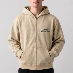 Sudadera con capucha de algodón grueso beige con lavado ácido para hombre, estilo streetwear, con cremallera completa, gráfico, de forro polar, venta al por mayor, vintage, desgastada - Product Image 1