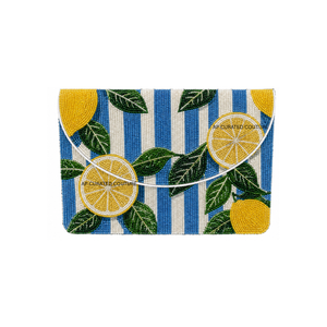 Handmade Seed Beaded Lemon Embroidered <b>Clutch</b> <b>Bag</b> With <b>Blue</b> And White Stripes Custom Summer Women's Fashion Accessory - Product Image 1