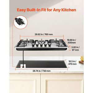 Piano Cottura a Gas Incasso in Acciaio Inox da 30 Pollici, 5 Bruciatori, Convertibile NG/GPL, Max 12250 BTU, Piano Cottura a Gas Naturale da 30 Pollici - Product Image 2