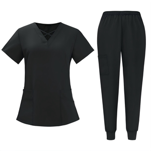 Ensemble de blouses médicales pour femmes, haut à col en V à manches courtes et pantalon de jogging, noir, en polyester tricoté, uniformes d'hôpital pour infirmières, cliniques, spas, vêtements de travail - Product Image 1