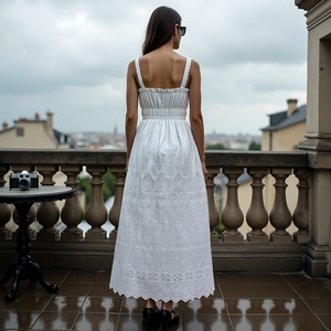 Vestido cruzado en la espalda abierta con diseño llamativo bordado blanco para mujer con tela de algodón suave transpirable y hecho artesanalmente - Product Image 3