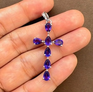 100% Natural Amethyst Cross Pendant Rhodium Plated Sterling Silver 7 <b>Stones</b> 45x18mm Pear Cut Minimalist <b>Memorial</b> Design Unisex - Product Image 4