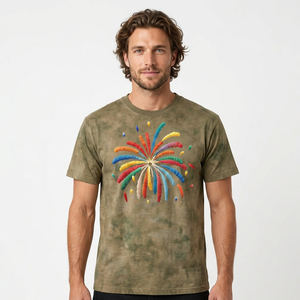 Camiseta de algodón de manga corta para hombre con patrón de fuegos artificiales arcoíris bordado a mano, cuello redondo, corte regular informal - Product Image 3