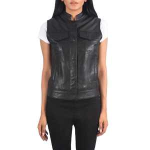 Chaleco de cuero negro para mujer, casual, sin mangas, con cuello alto y cremallera, top de otoño, superventas, a la moda, estilo motero, abrigo exterior. - Product Image 1