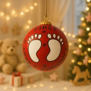 Ornement de Noël en papier mâché fait main en forme de cœur avec motif floral, empreintes de pieds de bébé rouges, premiers pas, traditionnel - Product Image 6