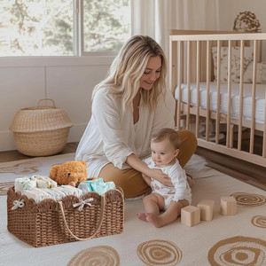 Organizador de pañales de hierba marina natural con asa, cesta para guardería con diseño festoneado, hecho a mano en Vietnam - Product Image 2