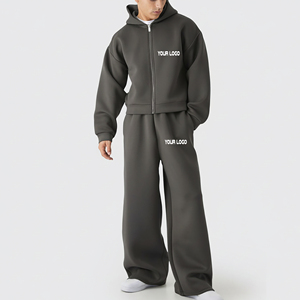 Custom Made Winter Solid Casual Oversized <b>Full</b> <b>Zip</b> <b>Hoodie</b> Wide Leg Sweatpants Set Heavyweight Cotton Blend Fleece Hip Hop - Product Image 4