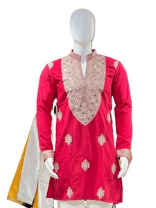 <b>Men's</b> Red Silk <b>Kurta</b> With Embroidered V-Neck And Mirror Work For Wedding And Festival Wear India Pakistan Traditional Style - Product Image 1