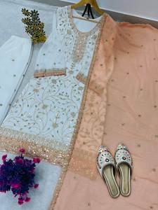 Conjunto de Fiesta Tradicional con Bordado de Lentejuelas Pesadas en Tela Georgette, Top de Secado Rápido y Pantalones Plazzo con Dupatta, Especial para el Festival Eid - Product Image 3