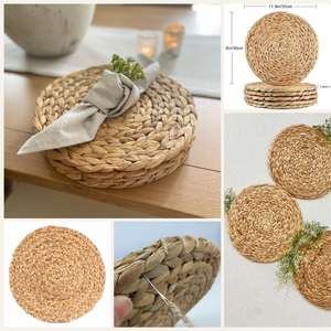 Authentique set de table rond artisanal en jacinthe d'eau naturelle, motif floral, écologique, Dai Ngan Dzung - Product Image 5